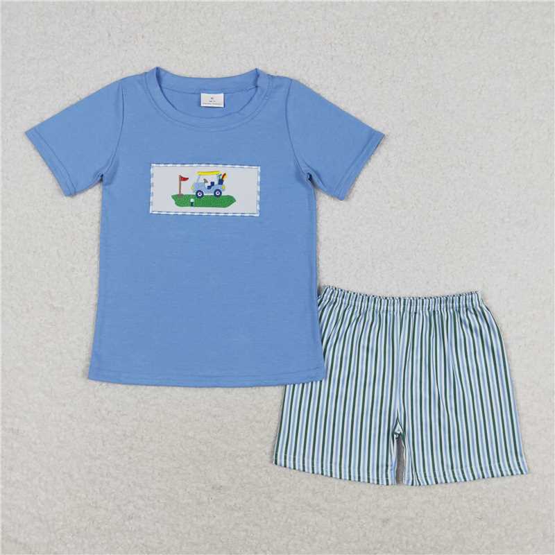 RTS NO MOQ Baby Boys kids Summer Sets BSSO0616 Blue Golf Shirt Stripes Shorts Clothes Sets
