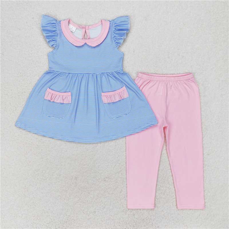 RTS NO MOQ Baby Girls Summer Kids Sets GSPO1241 Blue Stripes Tunic Pockets Top Pink Legging Clothes Sets