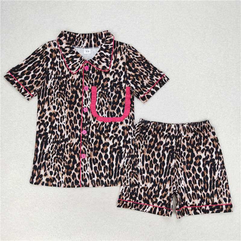 7.4 RTS NO MOQ Adult Women Summer Sets GSSO1122 Leopard Buttons Shirt Shorts Pajamas Clothes Sets