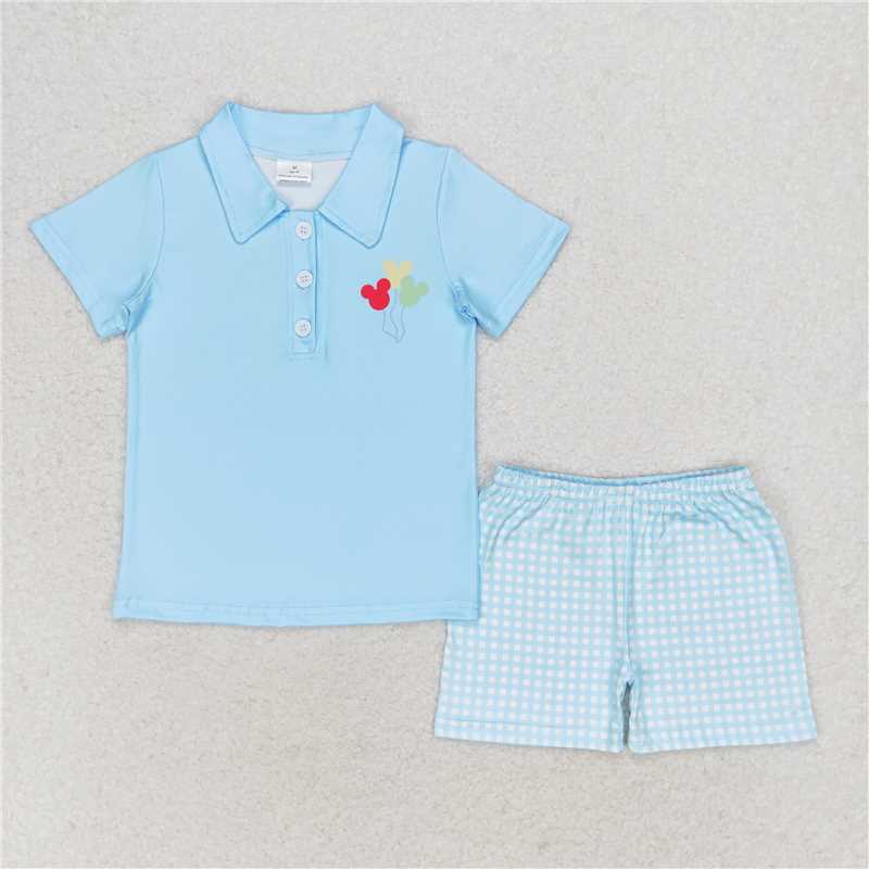 RTS NO MOQ Baby Boys kids Summer Sets BSSO0683 Balloon Blue Short Sleeve Plaid Shorts Set