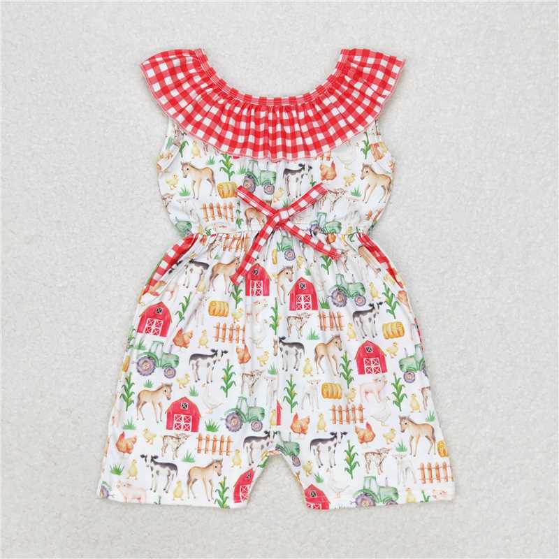RTS NO MOQ Summer Baby Girls Bodysuit SR1301 Red Farm Checkered Pockets Shorts