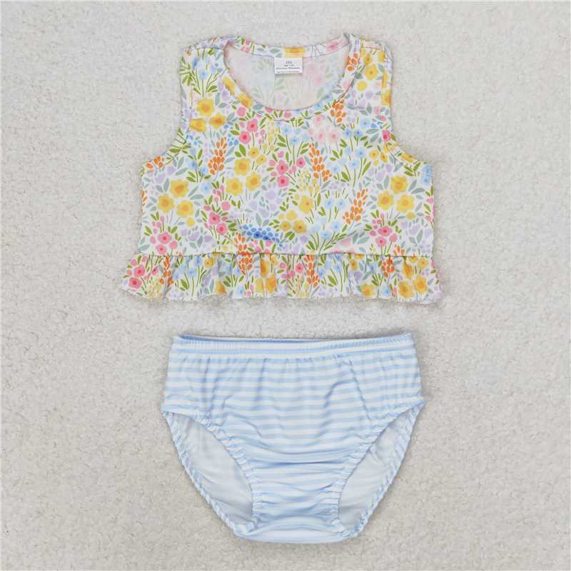 RTS NO MOQ Baby Girls Summer Sets S0414 Small Flowers Ruffle Top Bummie Two Pieces Swimsuits
