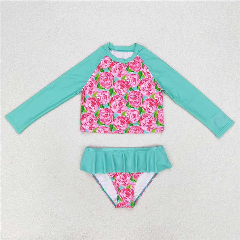 RTS NO MOQ Baby Girls Summer Sets S0260 Rose Flowers Top Bummie Two Pieces Swimsuits