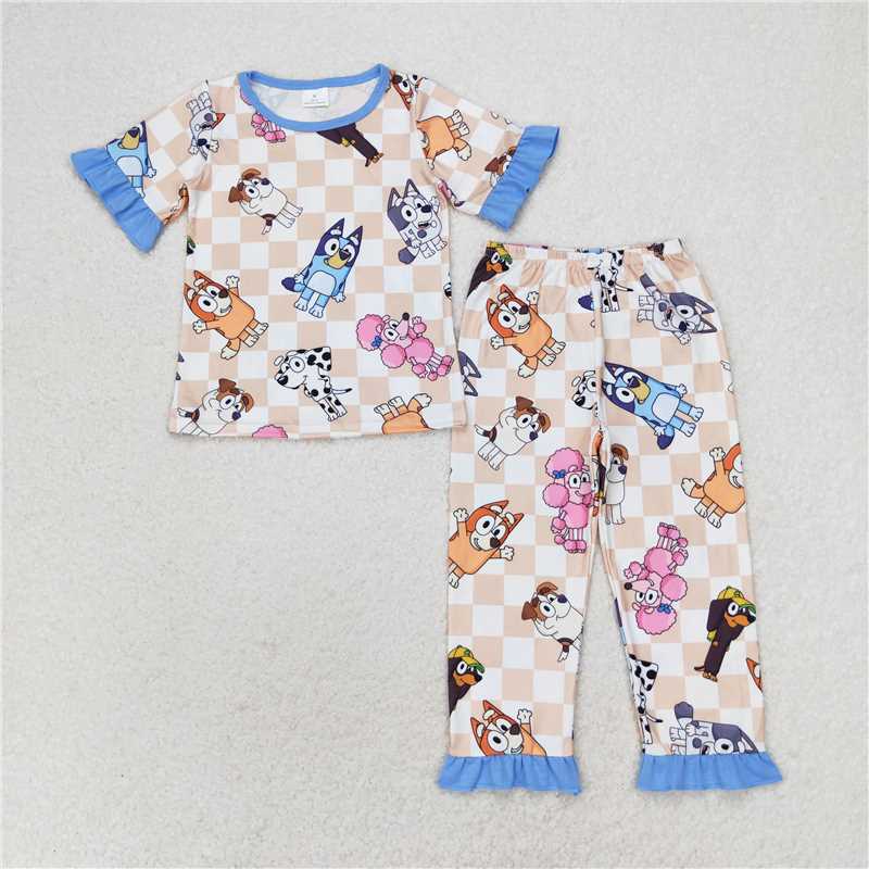 RTS NO MOQ Baby Girls Summer Kids Sets GSPO1581 Dog Checkered Ruffle Tops Pants Pajamas Clothes Sets