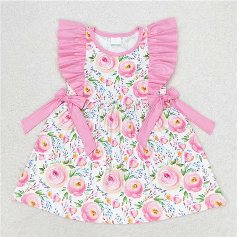 7.22 RTS NO MOQ Summer Baby Girls Dresses GSD1070 Pink Rose Flowers Ruffle Bows Knee Length Dresses