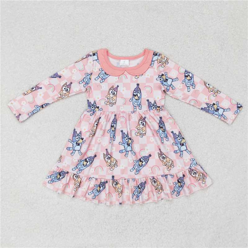 RTS NO MOQ Baby Girls Long Sleeve GLD0577 Dogs Rainbow Pink Ruffle Knee Length Dresses