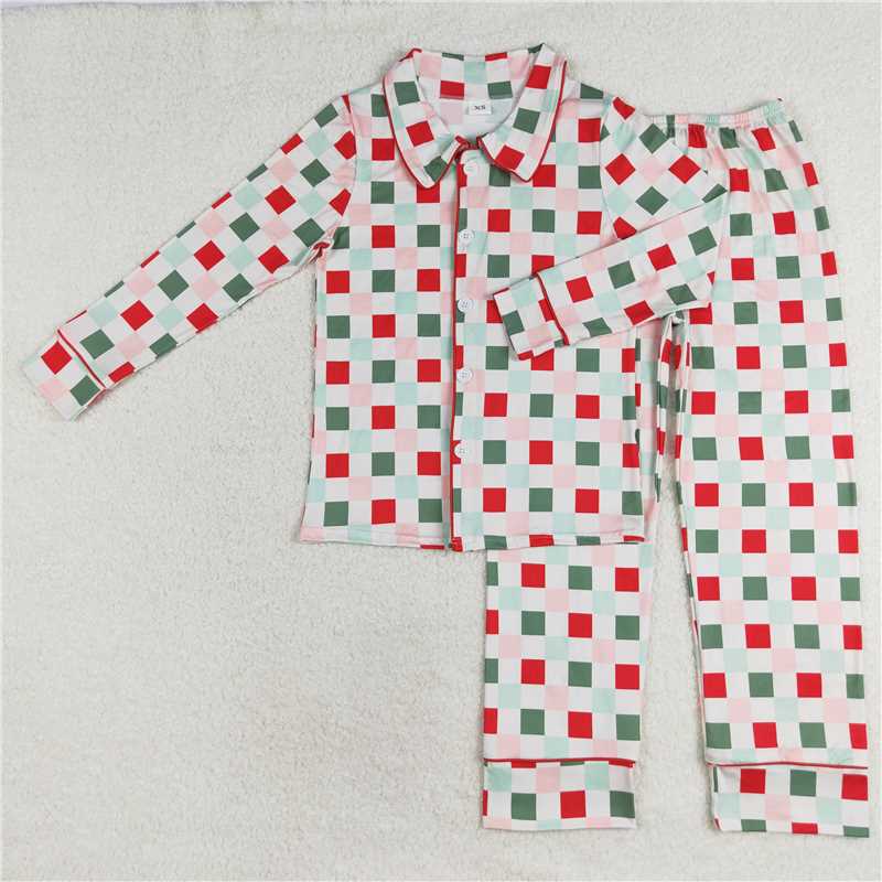 RTS NO MOQ Adult Women Long Sleeve GLP1353 Christmas Checkered Buttons Top Pants Pajamas