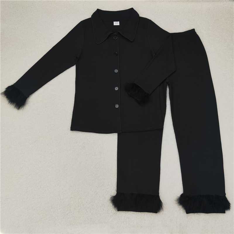 RTS NO MOQ Adult Women Long Sleeve GLP1264 Black Cotton Button Up Top Pants Fur Pajamas
