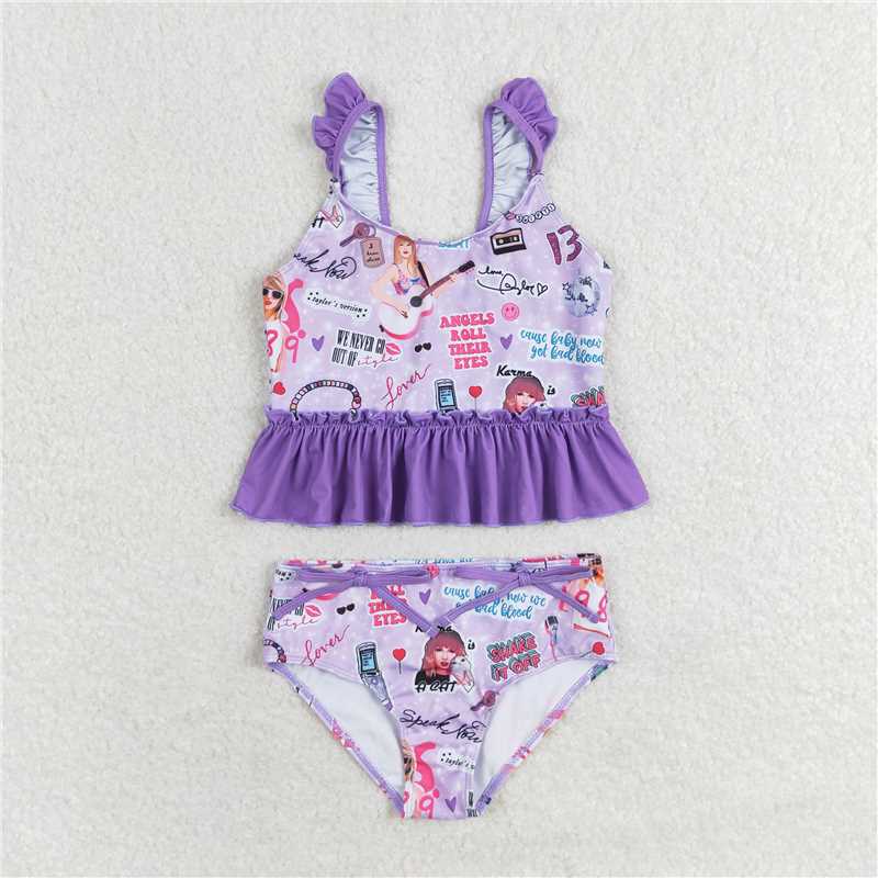 RTS NO MOQ Baby Girls Summer Sets S0389 Purple Guitar Sleeveless Ruffle Top Bummies two pieces Swimsuits