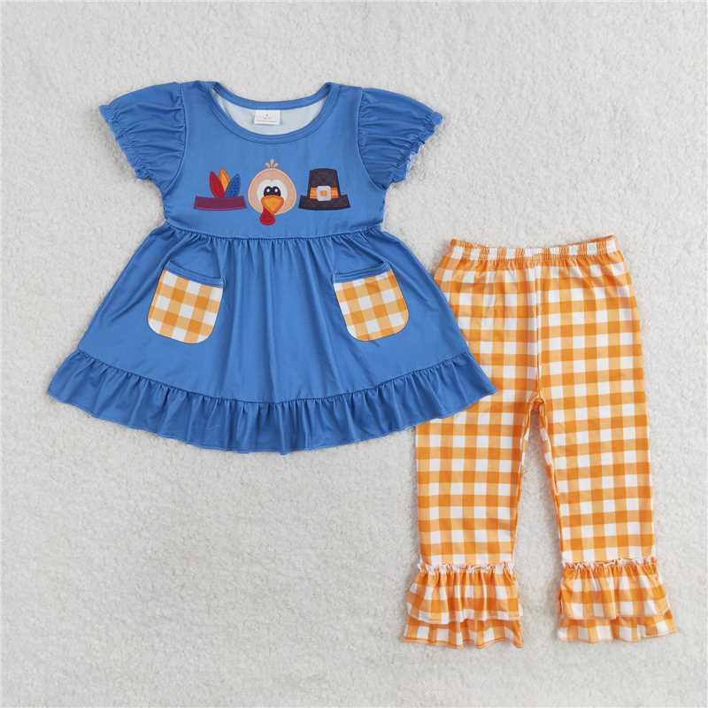 RTS NO MOQ Baby Girls Summer Kids Sets GSPO1643 Thanksgiving Turkey Pockets Tunic Pants Clothes Sets
