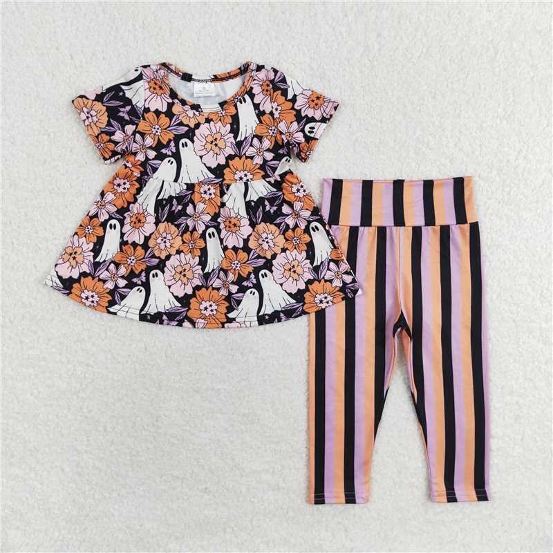 RTS NO MOQ Baby Girls Summer Kids Sets GSPO1617 Halloween Orange Ghost Flowers Tunic Legging Clothes Sets