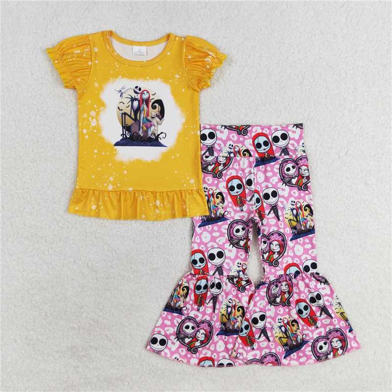 RTS NO MOQ Baby Girls Summer Kids Sets GSPO1587 Halloween Nightmare Tops Bell Pants Clothes Sets
