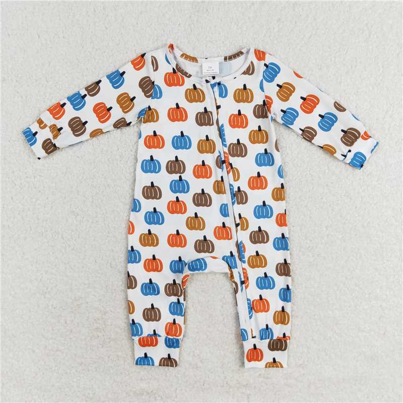 6.4 RTS NO MOQ Baby Boys Bodysuit LR1218 Blue Orange Pumpkin Long Sleeve Zip Rompers