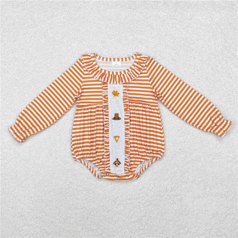 5.19 RTS NO MOQ Baby Girls Bodysuit LR1300 Orange Stripes Turkey Thanksgiving Long Sleeve Rompers