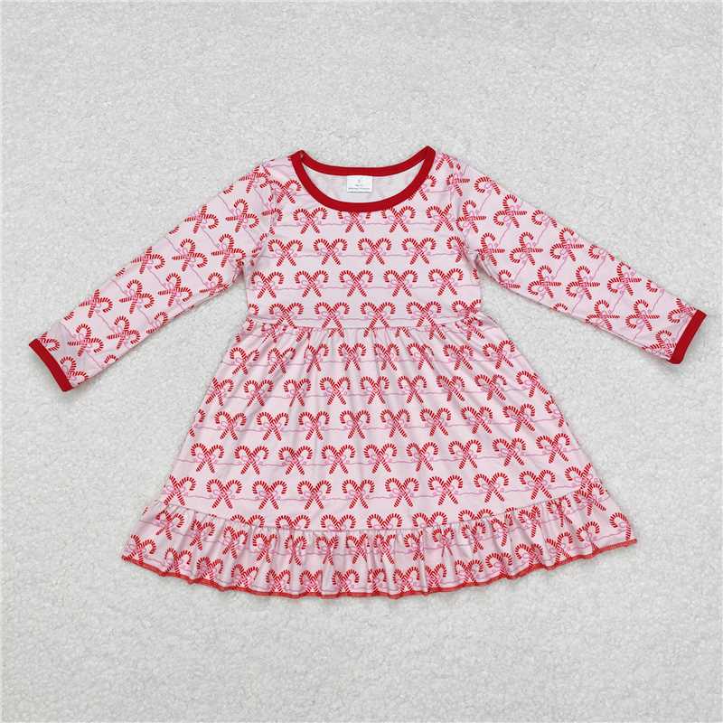 RTS NO MOQ Baby Girls Long Sleeve GLD0774 Christmas Pink Bows Candy Cane Ruffle Knee Length Dresses