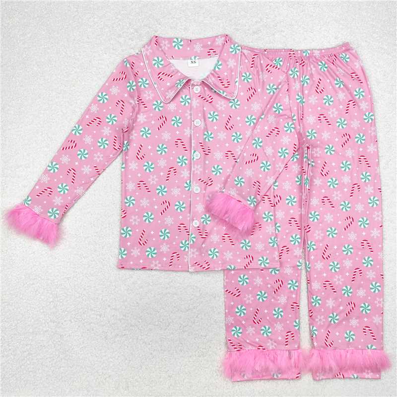 RTS NO MOQ Adult Women Long Sleeve GLP2028 Christmas Balls Tops Pants Fur Pajamas