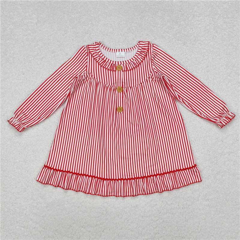 RTS NO MOQ Baby Girls Long Sleeve GLD0933 Christmas Red Stripes Buttons Ruffle Gowns Dresses