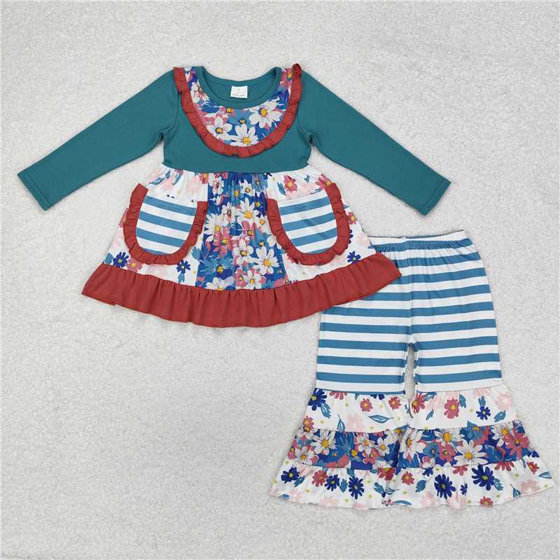 RTS NO MOQ Baby Girls Long Sleeve Outfits GLP1764 Fall Blue Flowers Pockets Tunic Bell Pants Clothes Sets