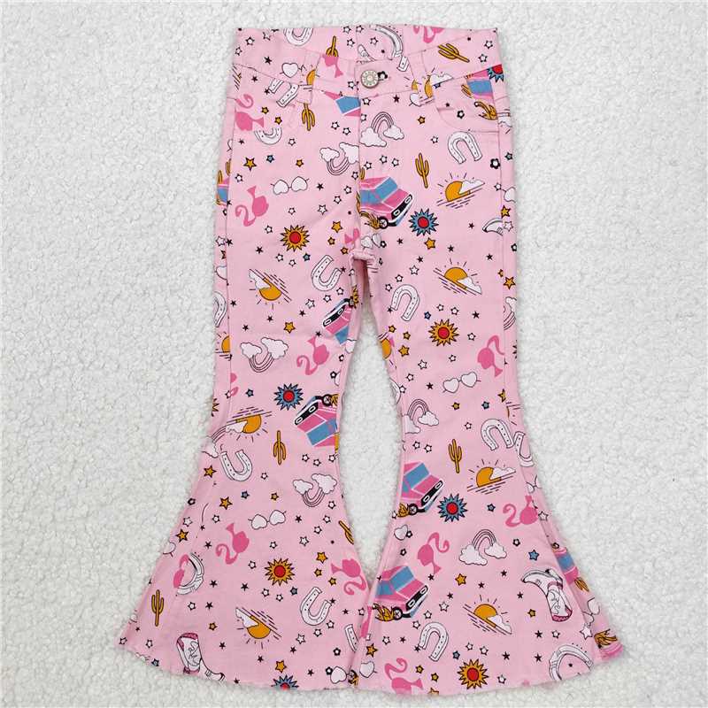 RTS NO MOQ Baby girls pants P0407 Pink Western Bell Flare Denim Pants Jeans