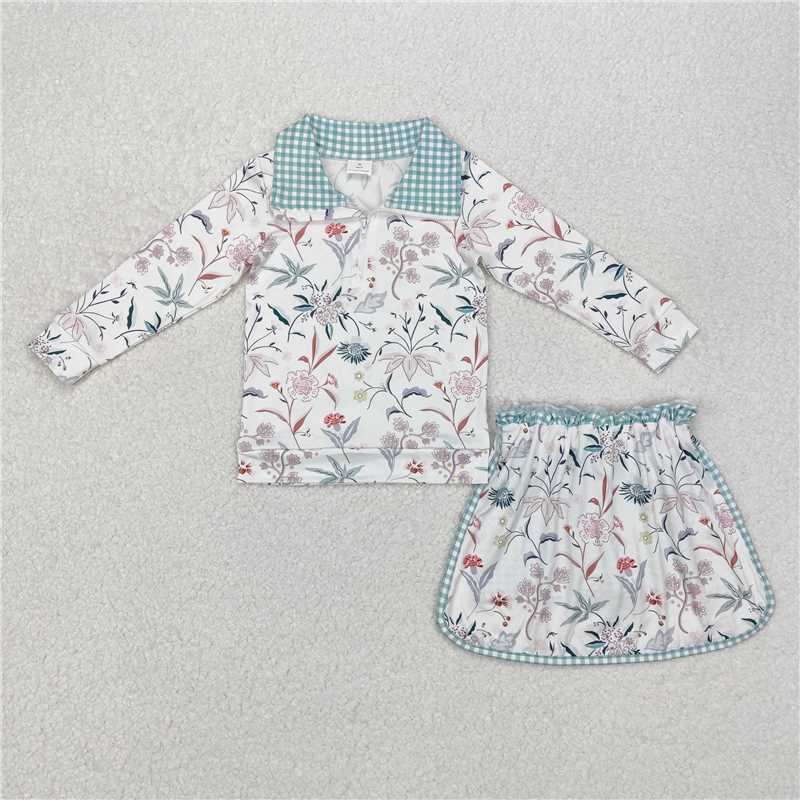 RTS NO MOQ Baby Girls Long Sleeve Outfits GLD0973 Long sleeve Flowers Pullovers Top Skort Clothes Sets