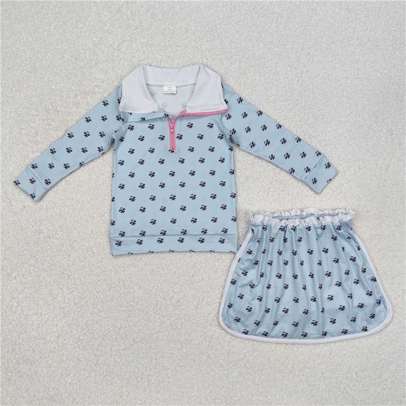 RTS NO MOQ Baby Girls Long Sleeve Outfits GLD0972 Blue Flowers Zip Top Ruffle Skort Short Clothes Sets