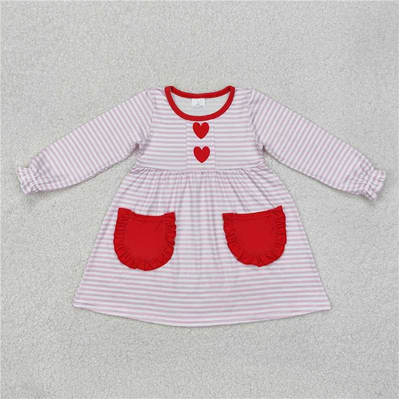 RTS NO MOQ Baby Girls Long Sleeve GLD0853 Pink Stripes Heart Pockets Knee Length Dresses