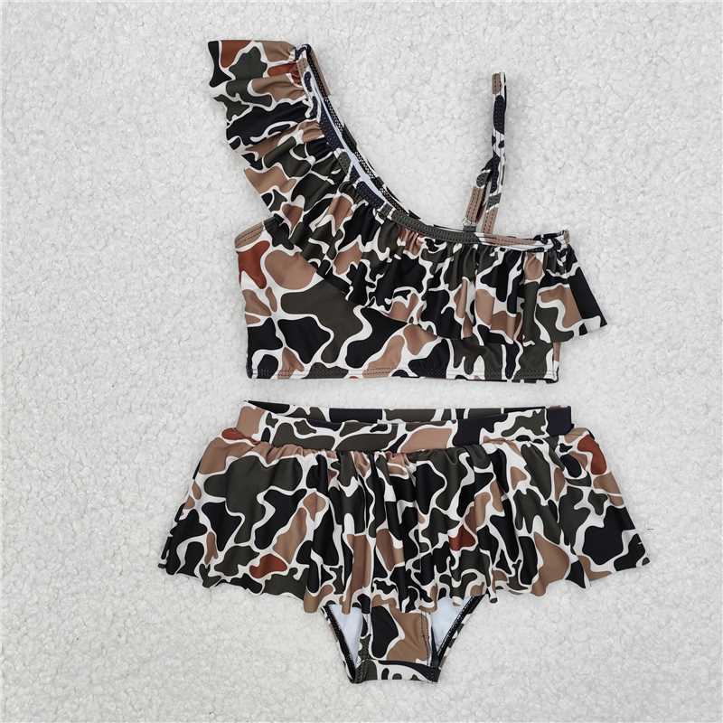 RTS NO MOQ Baby Girls Summer Sets S0481 Two Pieces Duck Brown Camo Ruffle Summer Swimsuits