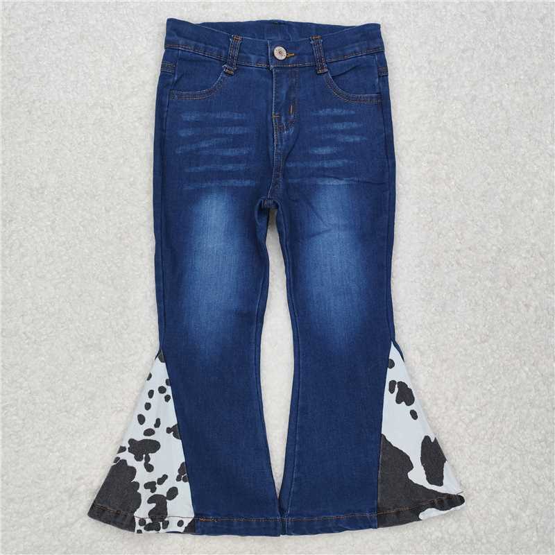 RTS NO MOQ Baby girls pants P0304 Western Black White Cow Print Bell Denim Pants