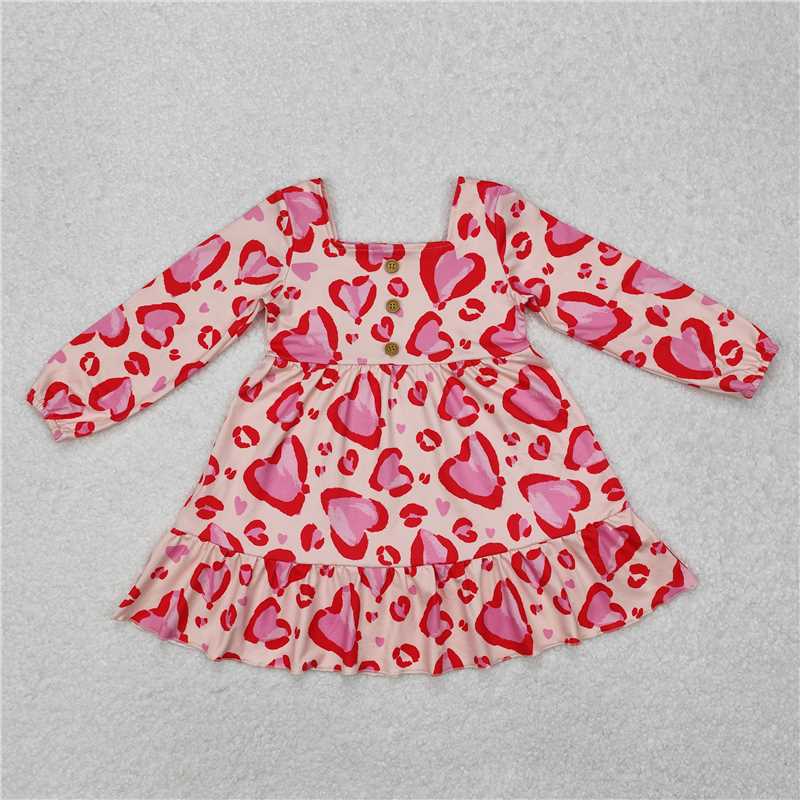 RTS NO MOQ Baby Girls Long Sleeve GLD0873 Valentines Hearts Red Knee Length Dresses