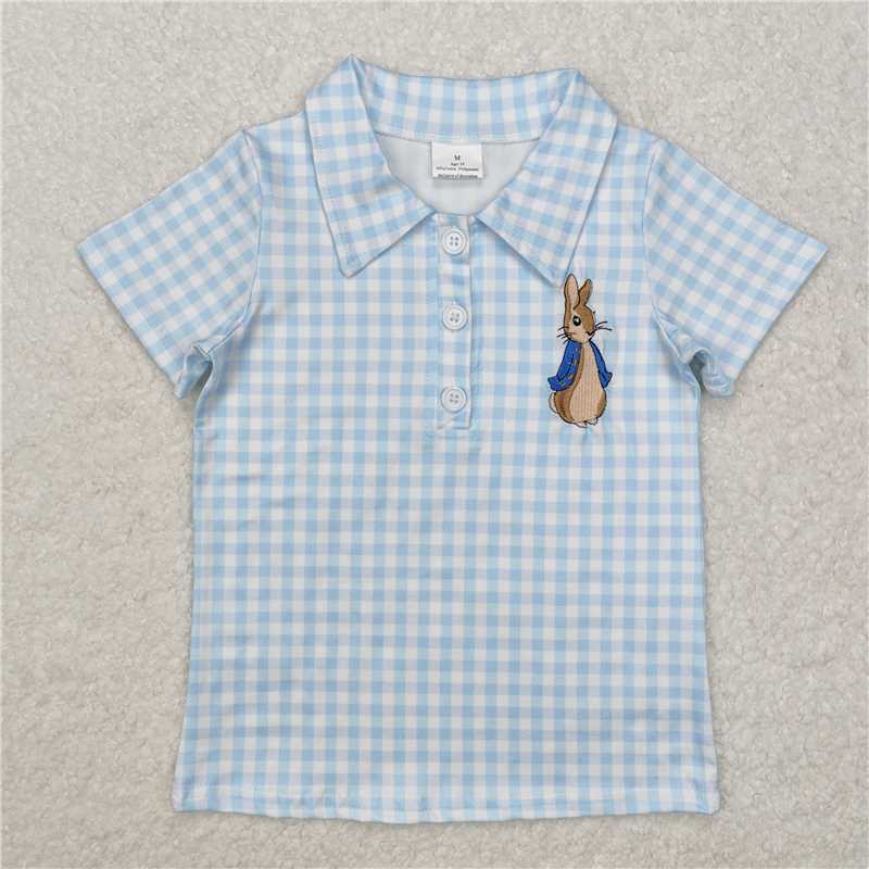 RTS NO MOQ Summer Baby Boys Shirt BT1095 Blue Checkered Easter Rabbit Short Sleeve Tee Shirts Tops
