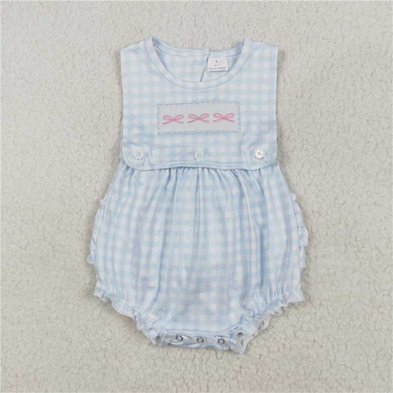 7.11 RTS NO MOQ Summer Baby Girls Bodysuit SR2203 Blue Checkered Bows Sleeveless Rompers