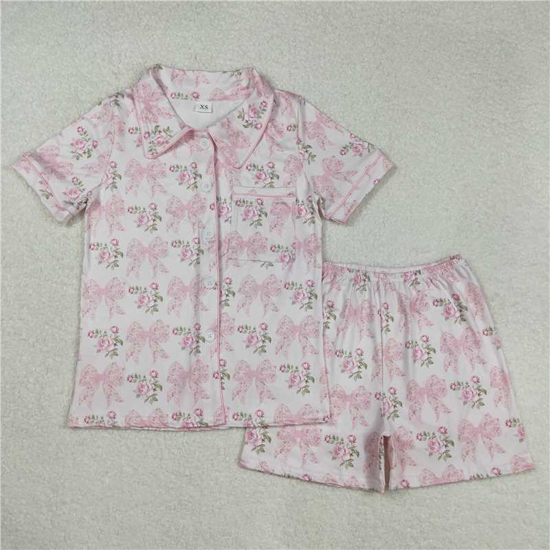 RTS NO MOQ Adult Women Summer Sets GSSO1779 Pink Bows Flowers Buttons Tops Shorts Pajamas