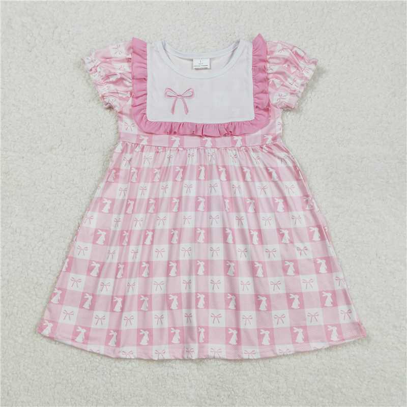 7.9 RTS NO MOQ Summer Baby Girls Dresses GSD1578 Embroidery Pink Easter Rabbits Checkered Knee Length Dresses