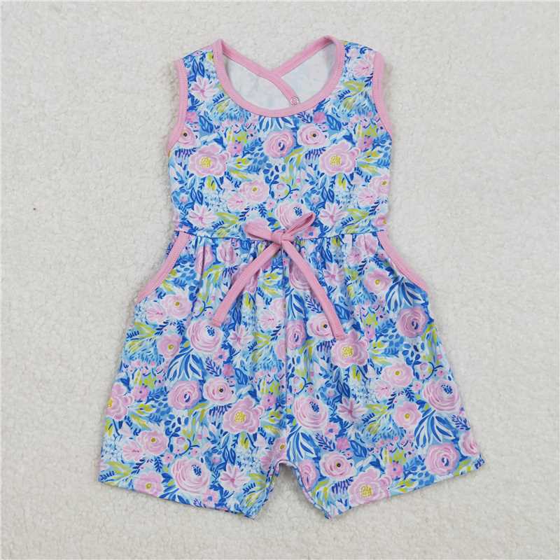 RTS NO MOQ Summer Baby Girls Bodysuit SR2521 Blue Pink Flowers Sleeveless Bows Shorts Jumpsuits