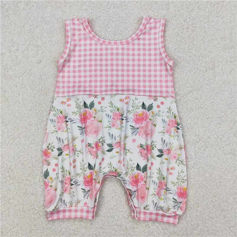 RTS NO MOQ Baby Girls Summer Bodysuit SR2678 Pink Checkered Flowers Sleeveless Rompers