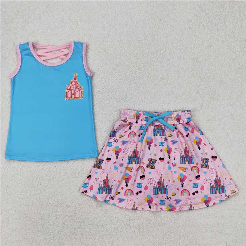 RTS NO MOQ Baby Girls Summer Sets GSD2072 Blue Sleeveless Castle Princess Shirt Skort Skirt Clothes Sets
