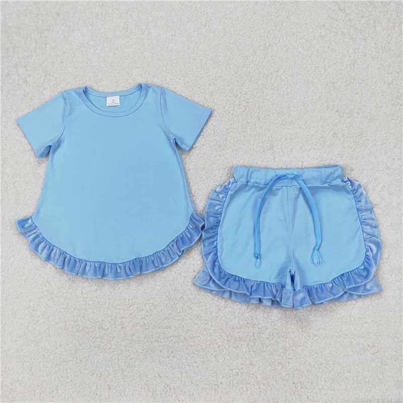 RTS NO MOQ Baby Girls Summer Sets GSSO2183 Blue Cotton Top Ruffle Shorts Clothes Sets