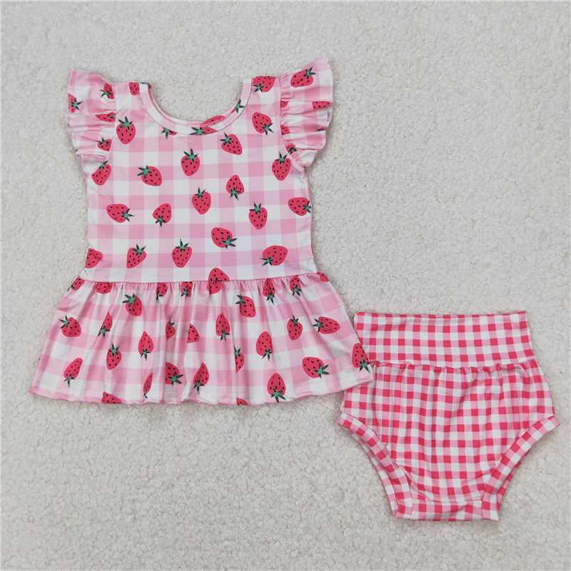 RTS NO MOQ Baby Girls Summer Outifts GBO0264 Strawberry Top Pink Checkered Bummies Clothes Sets