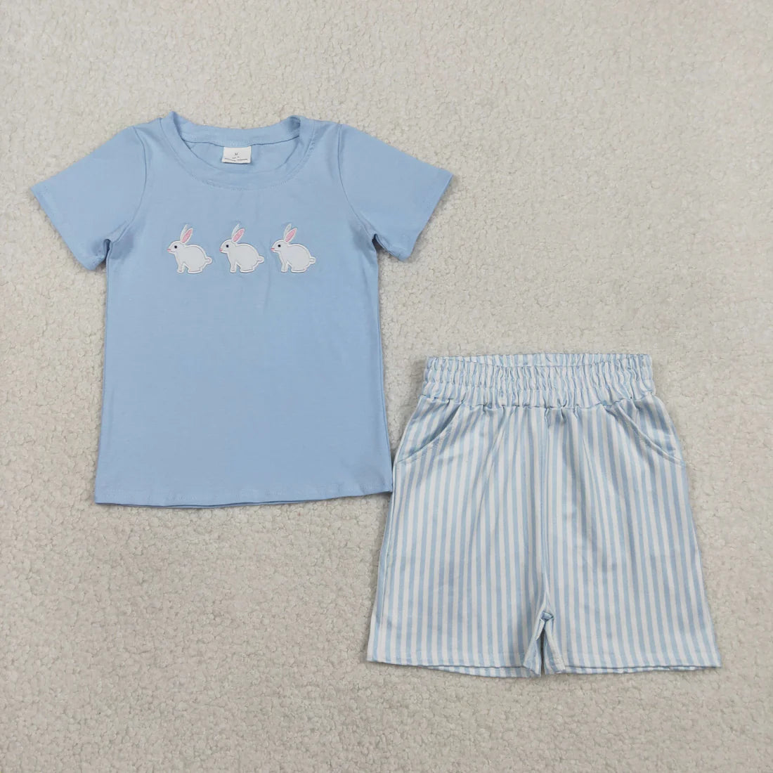 RTS Sibling Baby Boys Kids Embroidery Rabbits Shirt Stripes Pockets Shorts Set Romper Easter Clothes