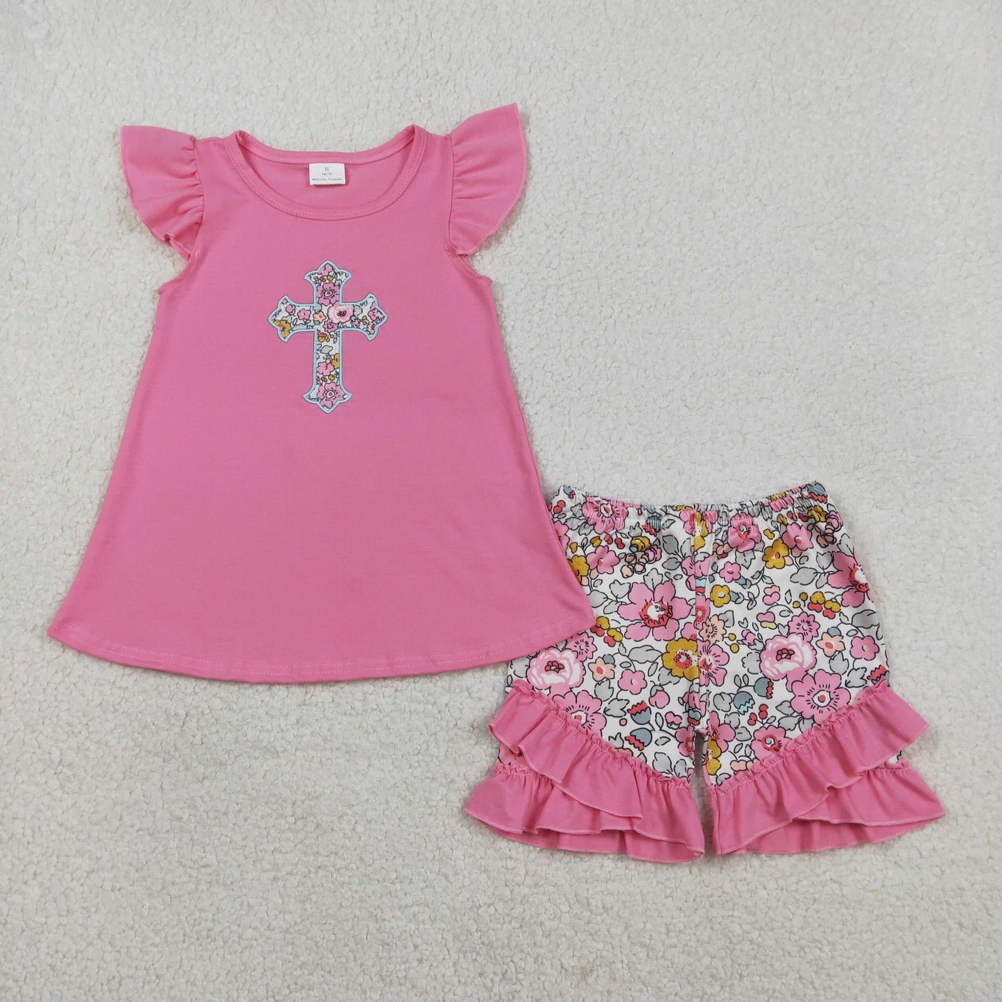 RTS Baby Girls Infant Short Sleeves Embroidery Flower Cross Easter Pink Bubble Romper