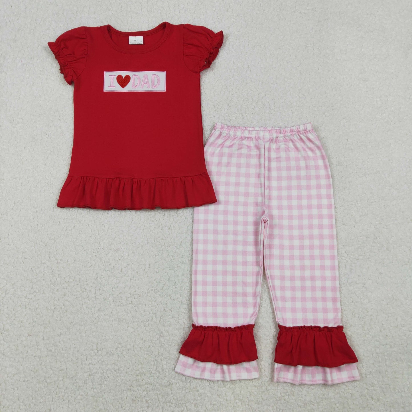 RTS Kids Boys Embroidery I Love DAD Red Shirt Plaid Pants Set Clothes