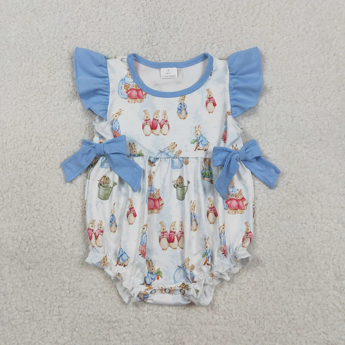 RTS Sibling Baby Girls Short Sleeves Rabbits Blue Bows Easter Bubble Romper Set