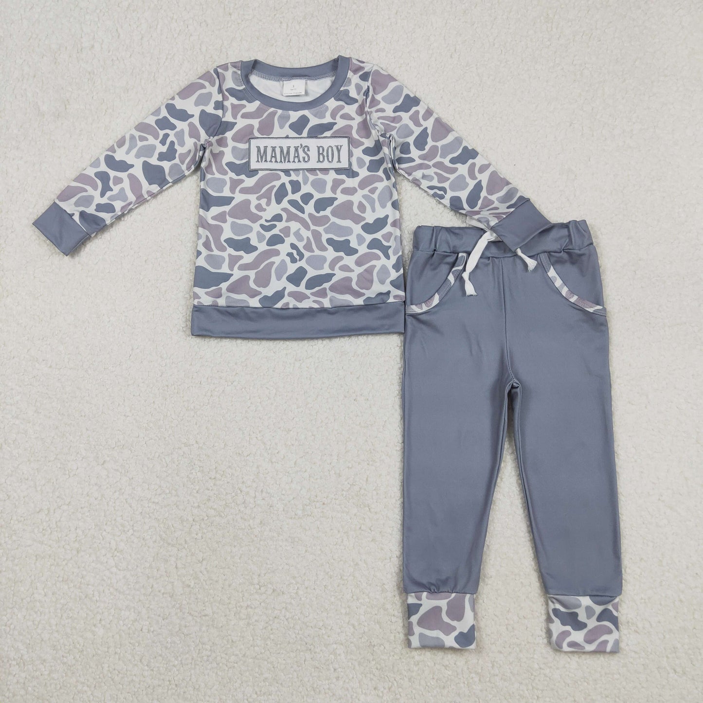 RTS Baby Boys Kids Embroidery Mama's Boy Camo Shirt Pockets Grey Pants Clothes Set