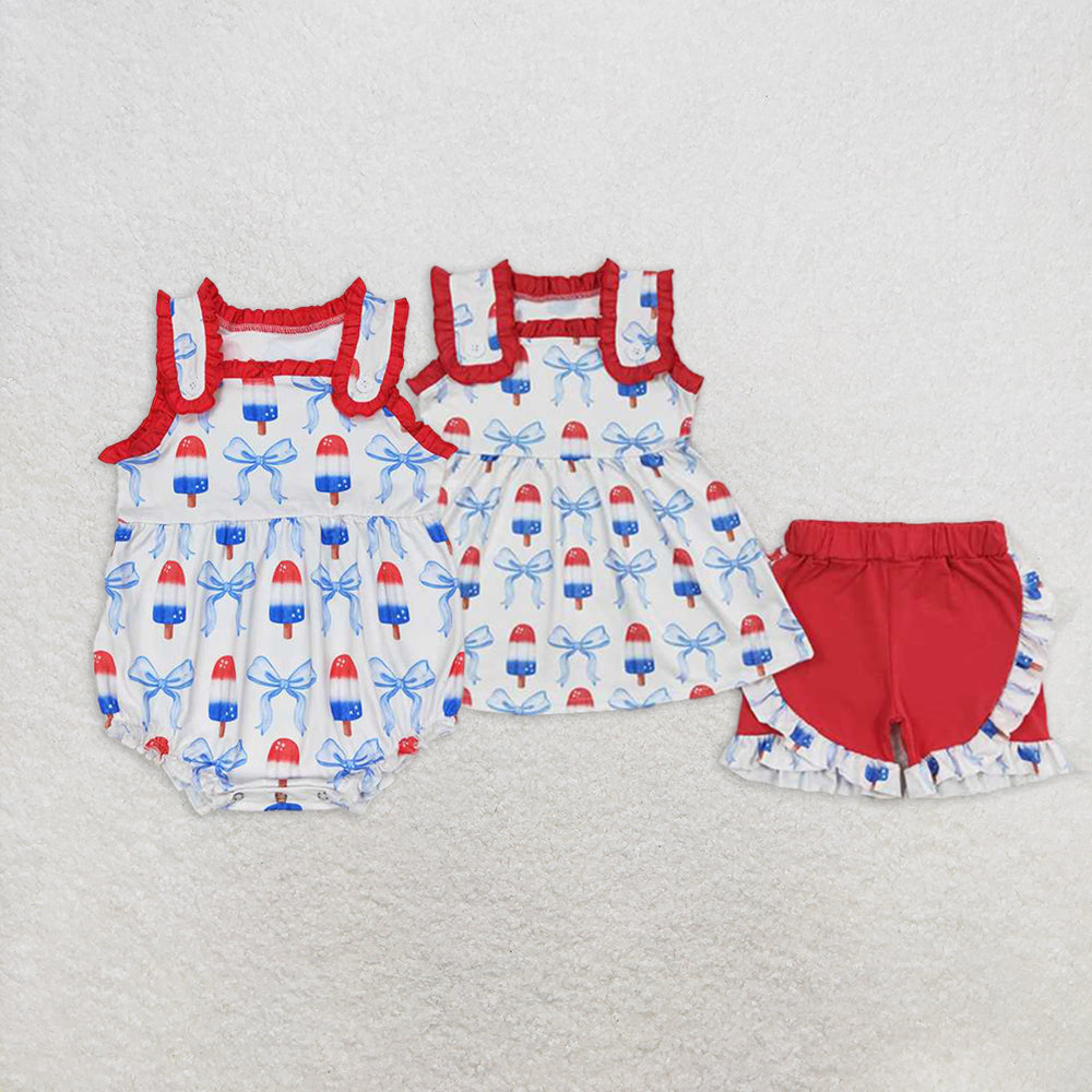 RTS NO MOQ Summer Sibling Baby Girls Popsicle Bows Rompers Clothes Sets