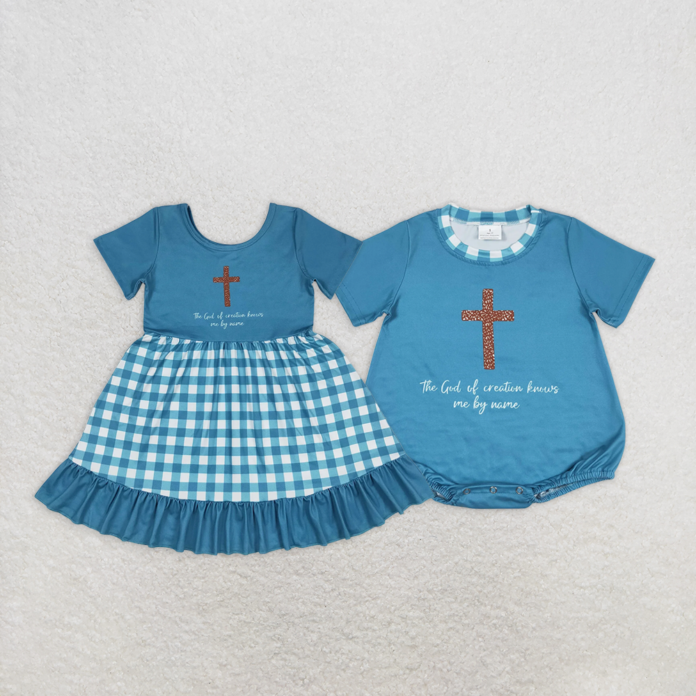 RTS NO MOQ Summer Sibling Baby Girls Cross Short Sleeve Rompers Knee Length Dresses Sets