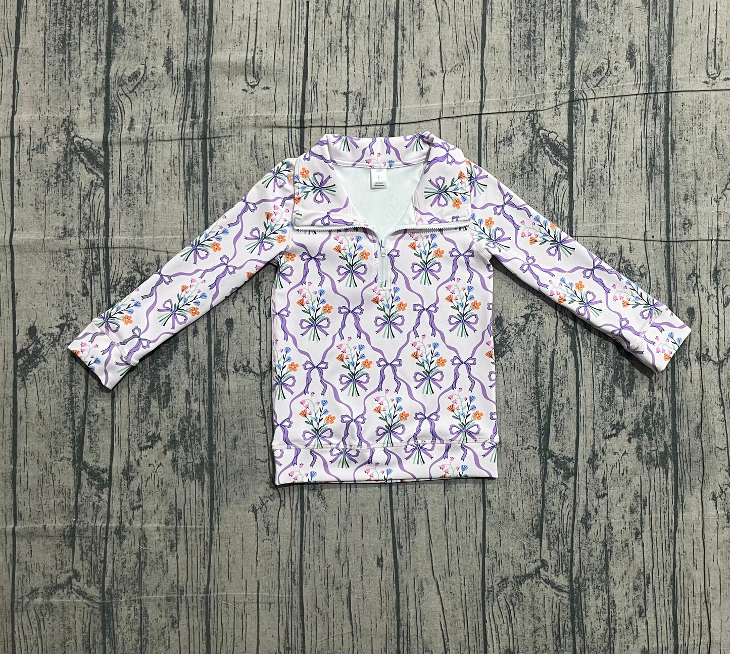 RTS Baby Girls Kids Long Sleeves Bows Floral Yoga Active Zipper Purple Pullover Shirt