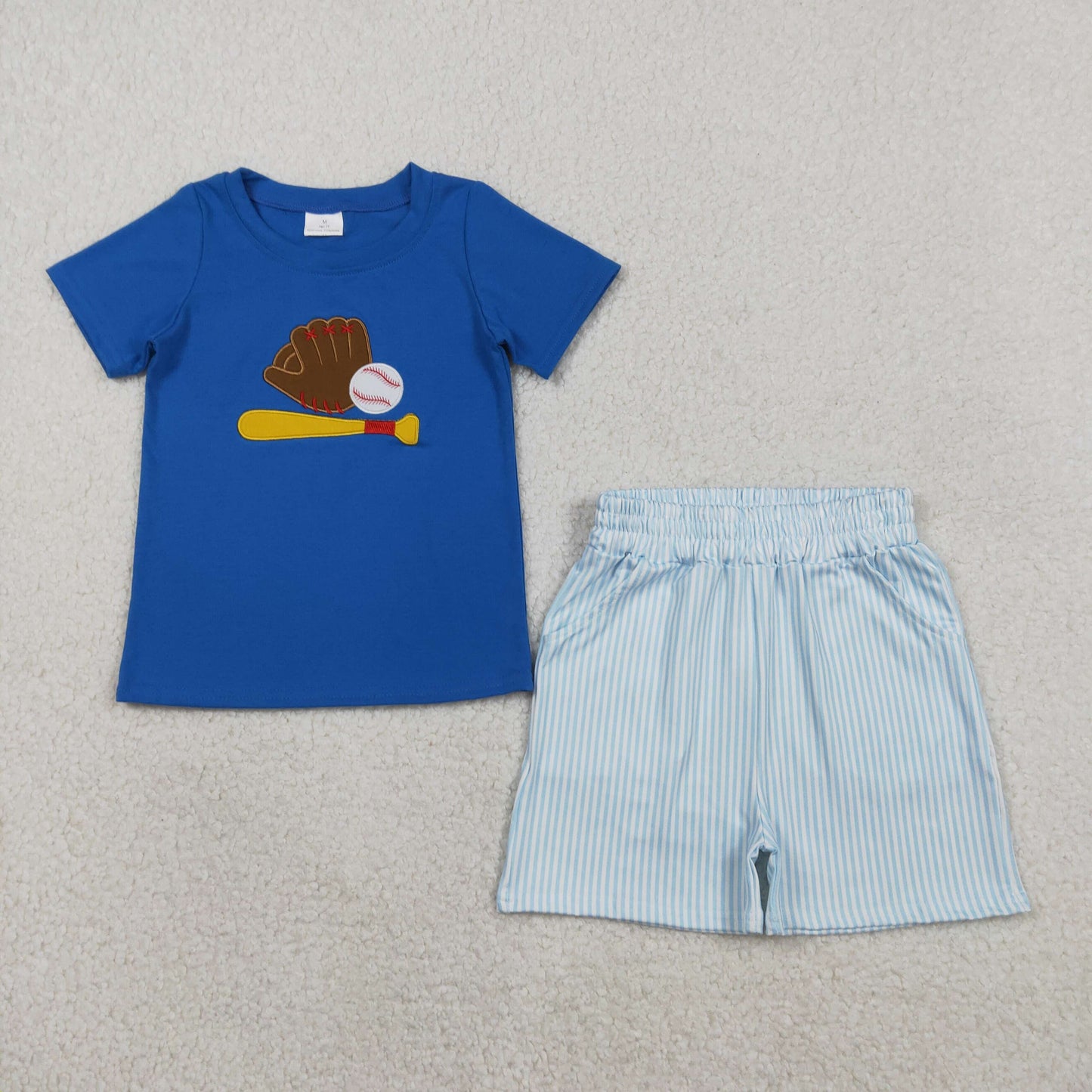 RTS Baby Boys Blue Short Sleeves Embroidery Baseball Shirt Stripes Pockets Shorts Set