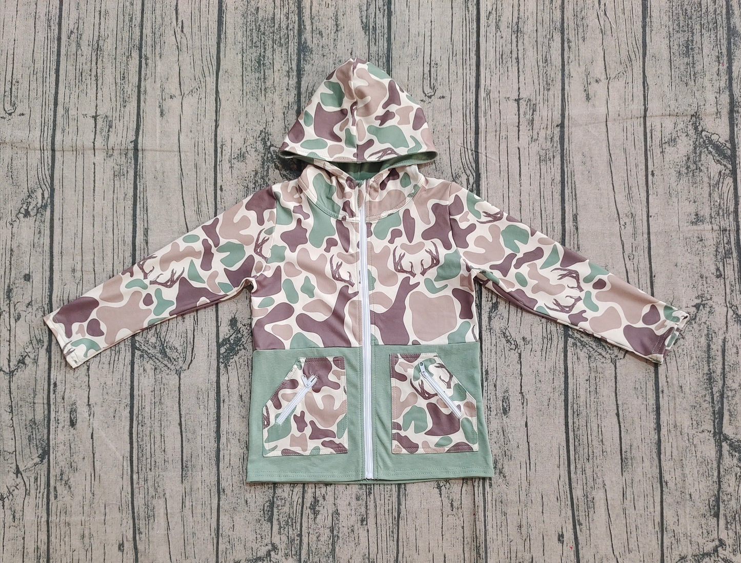 RTS Baby Boy Long Sleeves Deer Camo Zipper Pockets Hoodie Cardigan Shirt Tops