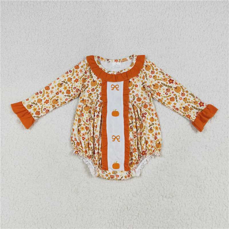 11.7 LR2228 Embroidery Baby Girls Long Sleeves Bows Pumpkins Floral Ruffle Rompers