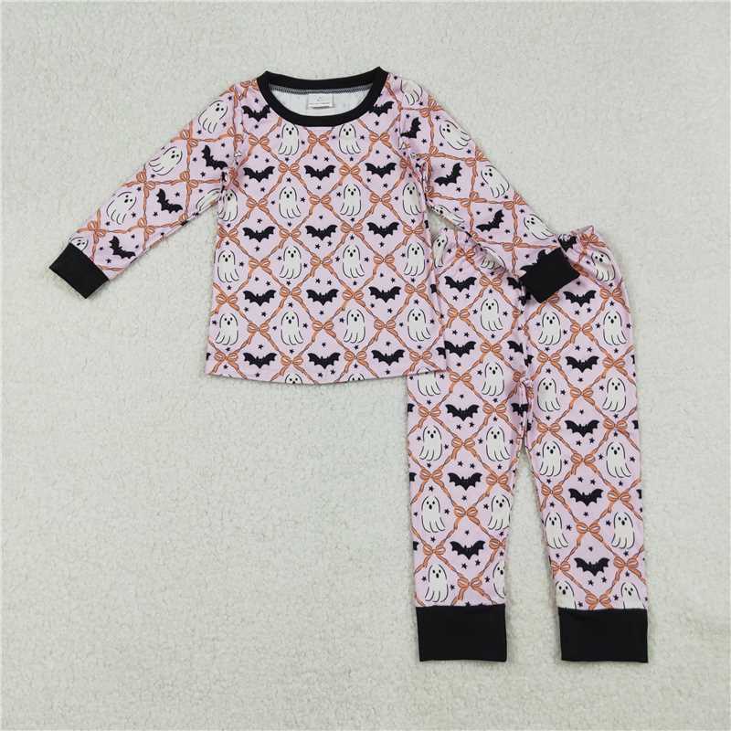 11.27 GLP2639 Baby Girls Long Sleeves Bows Bats Ghosts Plaid Top Pant Pajamas Set